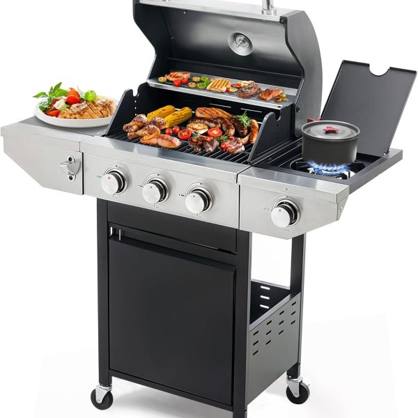 3 Burner Propane Gas Grill with Side Burner, Stainless Steel BBQ Grill 38,500 BTU for Outdoor Cooking Kitchen, Garden and Patio Backyard Barbecue, Black and Silver