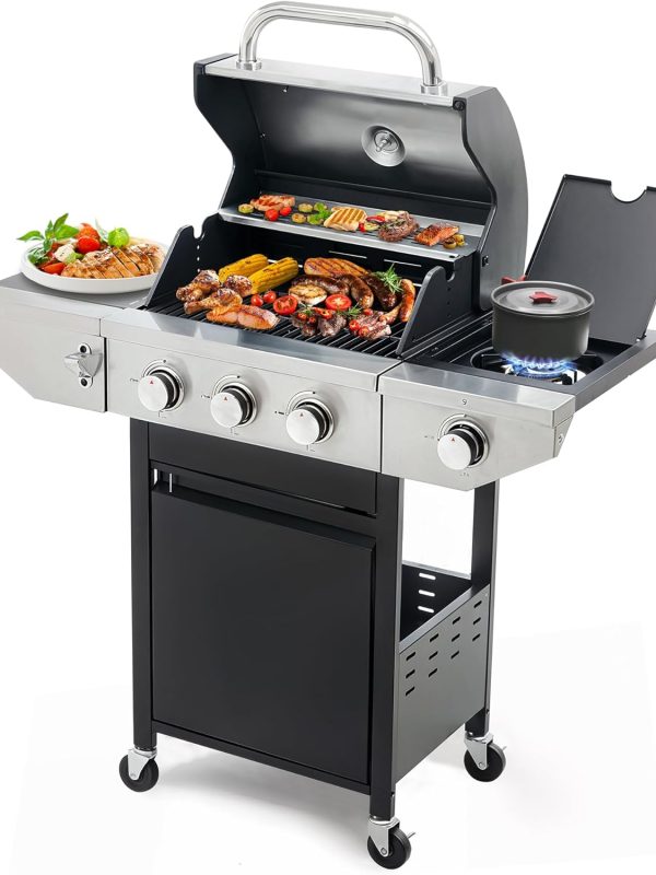 3 Burner Propane Gas Grill with Side Burner, Stainless Steel BBQ Grill 38,500 BTU for Outdoor Cooking Kitchen, Garden and Patio Backyard Barbecue, Black and Silver