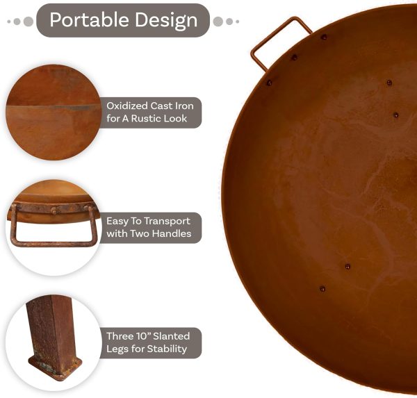34-Inch Rustic Cast Iron Outdoor Raised Fire Pit Bowl with Handles - Oxidized Finish