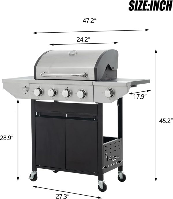 4 Burner Propane Gas Grill with Side Burner & Enameled Cast Iron Grates, 46,500BTU Output Stainless Steel BBQ Grill, Outdoor Cooking Camping Barbecue Grill for Patio, Garden, Backyard