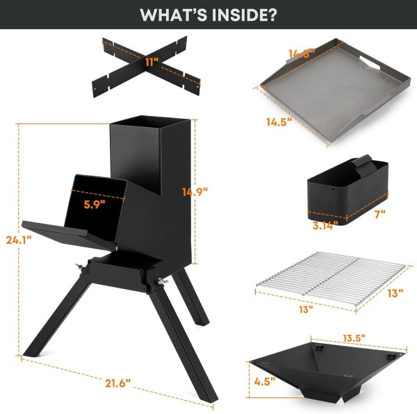 Large 3 in 1 Rocket Stove with Grill Rack, Griddle and Pot Cooking Stand, Heavy Duty Wood Burning Stove for Cooking, Camping wood Stove Kit for Off-Grid Supply, Outdoor Backyard Cooking