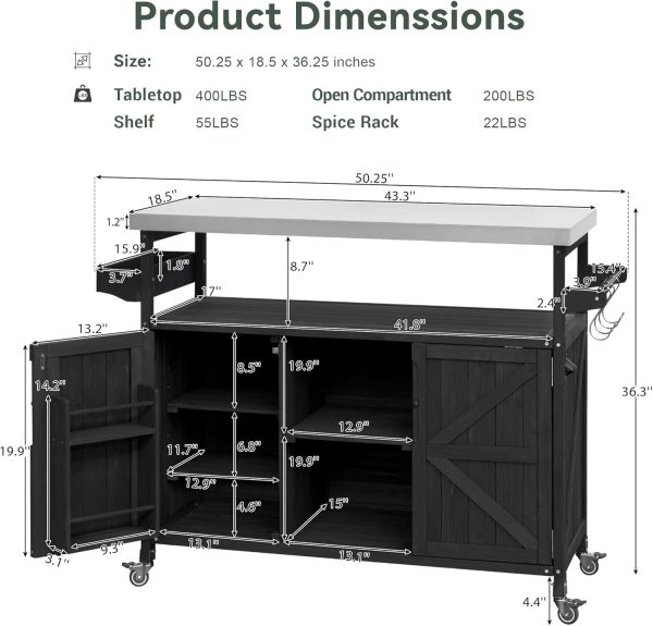 50.25" W Grill Cart with Stainless Steel Tabletop - Outdoor Storage Cabinet for BBQ, Bar Patio Kitchen Island with Ample Storage and Lockable Wheels