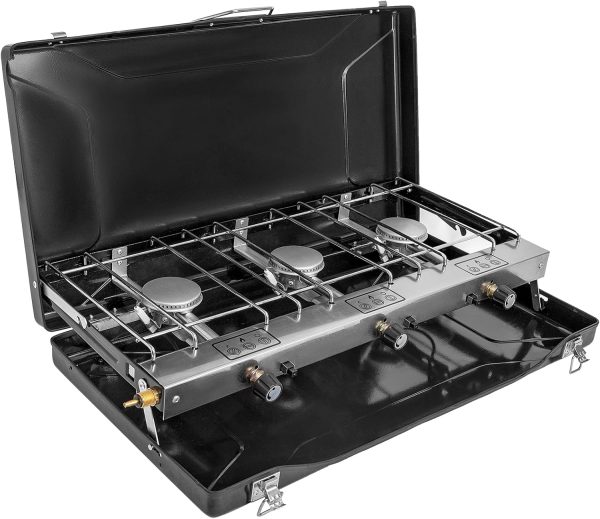 3-Burner Propane Camping Stove 19800 BTUs, Portable Camp Stove with 3 Adjustable Burners, Portable Camping Grill, Built-in Carrying Handle For for Car Camping BBQ Picnics Cooking