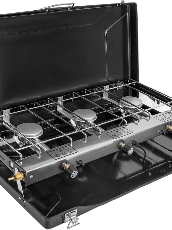 3-Burner Propane Camping Stove 19800 BTUs, Portable Camp Stove with 3 Adjustable Burners, Portable Camping Grill, Built-in Carrying Handle For for Car Camping BBQ Picnics Cooking