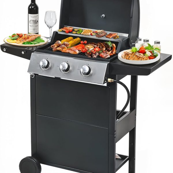 3 Burner Propane Gas Grill, Stainless Steel BBQ Grill 30,000 BTU for Outdoor Cooking Kitchen, Garden and Patio Backyard Barbecue, Black and Silver