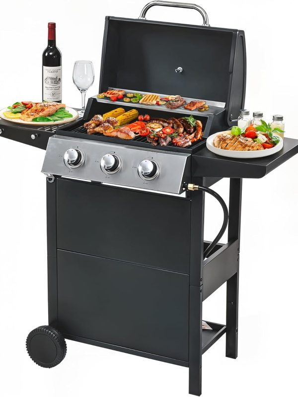 3 Burner Propane Gas Grill, Stainless Steel BBQ Grill 30,000 BTU for Outdoor Cooking Kitchen, Garden and Patio Backyard Barbecue, Black and Silver