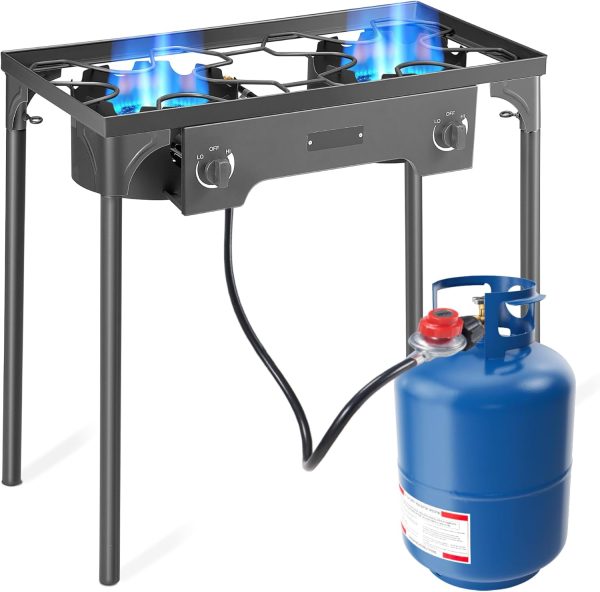 Outdoor Camping Stove, Dual Burner 150,000 BTU Propane Stove, 0-20 PSI High Pressure Stove with CSA Regulator & Gas Pipe
