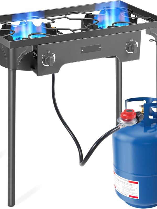 Outdoor Camping Stove, Dual Burner 150,000 BTU Propane Stove, 0-20 PSI High Pressure Stove with CSA Regulator & Gas Pipe