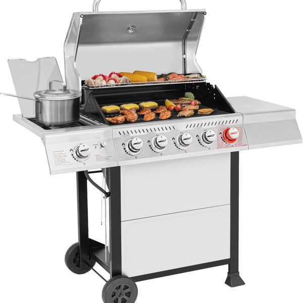 5-Burner Propane Gas Grill with Sear Burner and Side Burner, Stainless Steel BBQ Grill with 632 Sq. In. Grilling Area for Outdoor Barbecue Cooking, 64,000 BTUs, Silver