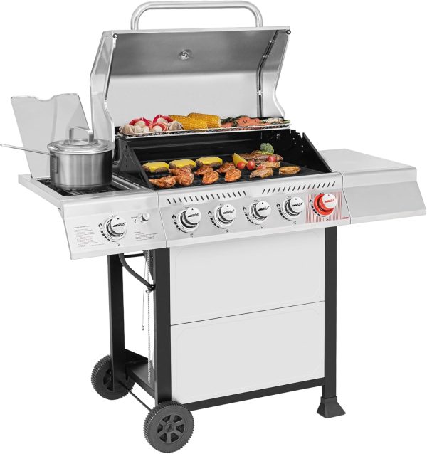 5-Burner Propane Gas Grill with Sear Burner and Side Burner, Stainless Steel BBQ Grill with 632 Sq. In. Grilling Area for Outdoor Barbecue Cooking, 64,000 BTUs, Silver