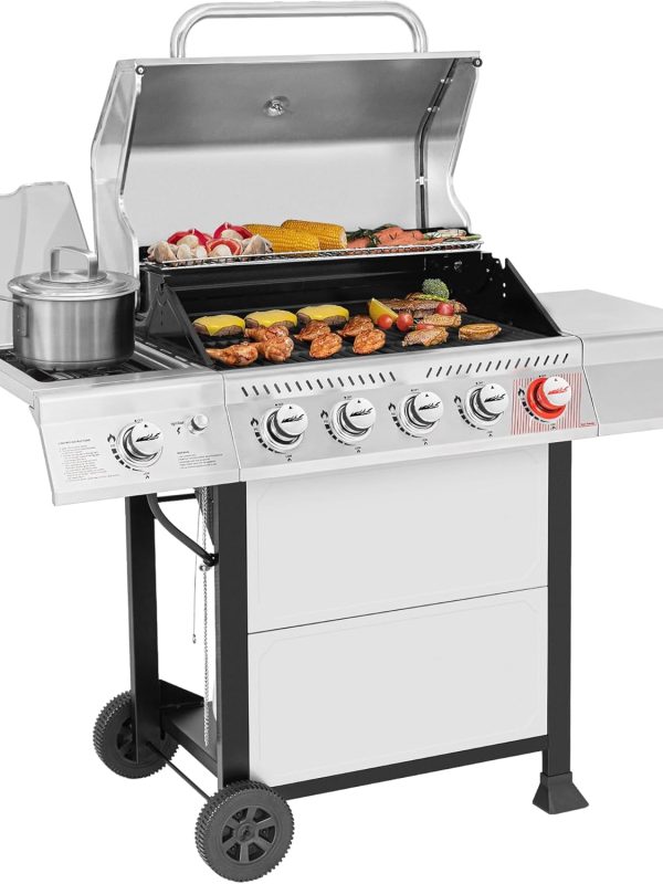 5-Burner Propane Gas Grill with Sear Burner and Side Burner, Stainless Steel BBQ Grill with 632 Sq. In. Grilling Area for Outdoor Barbecue Cooking, 64,000 BTUs, Silver