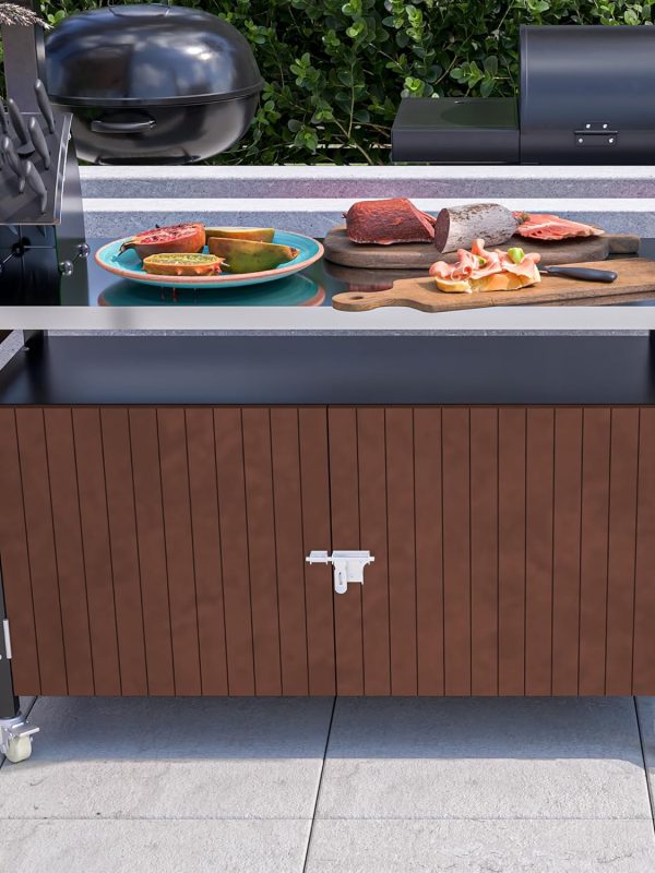 Grill Cart with Storage Outdoor, Rolling Bar Serving Cart with Wheels, Movable Food BBQ Prep Table Pizza Oven Stand with Stainless Steel Top & Wooden Storage Cabinet, Kitchen Island Cart