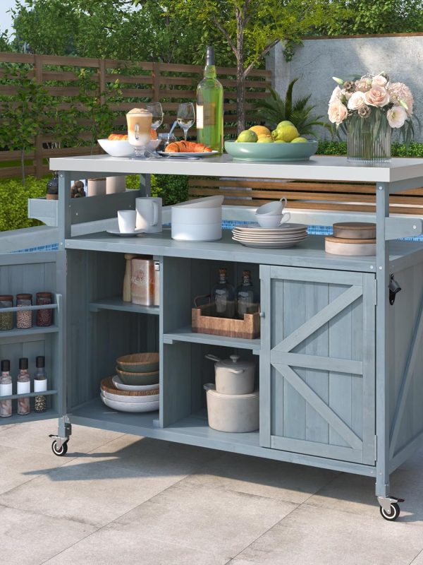 50.25" W Grill Cart with Stainless Steel Tabletop - Outdoor Storage Cabinet for BBQ, Bar Patio Kitchen Island with Ample Storage and Lockable Wheels