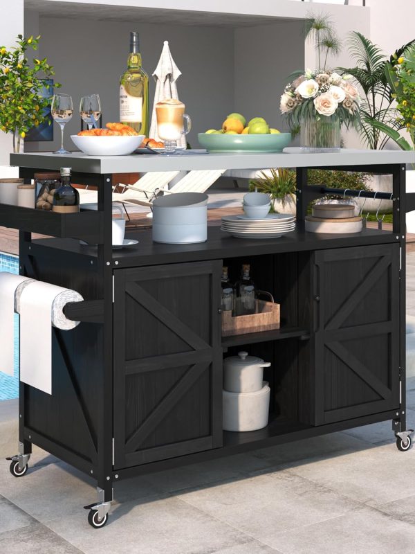 50.25" W Grill Cart with Stainless Steel Tabletop - Outdoor Storage Cabinet for BBQ, Bar Patio Kitchen Island with Ample Storage and Lockable Wheels