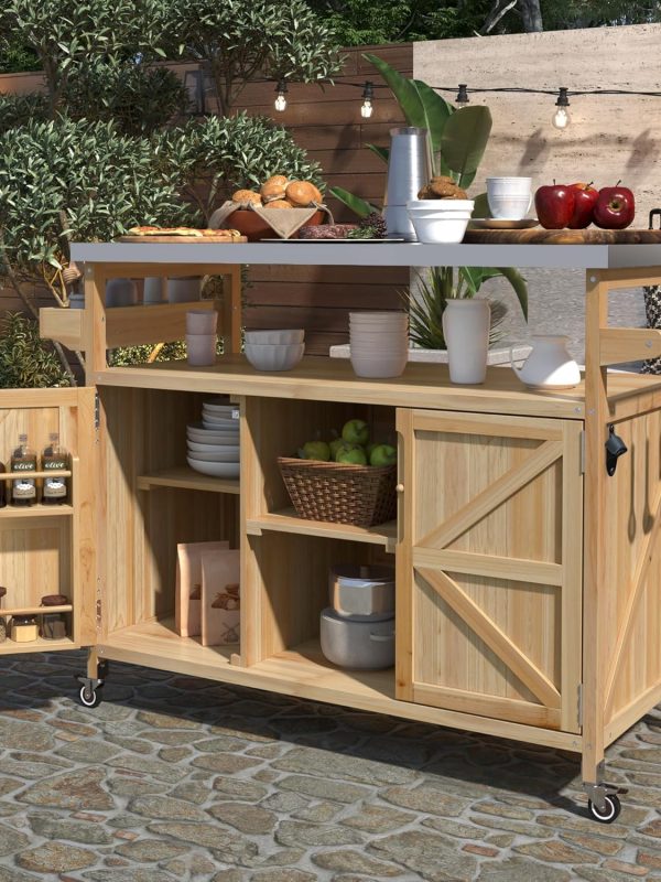 Grill Cart with Stainless Steel Tabletop - Outdoor Storage Cabinet for BBQ, Bar Patio Kitchen Island with Ample Storage and Lockable Wheels
